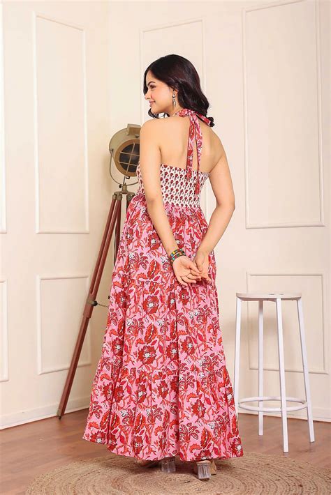 Pink Floral Hand Printed Halter Maxi Dress – Gulab Chand Trends