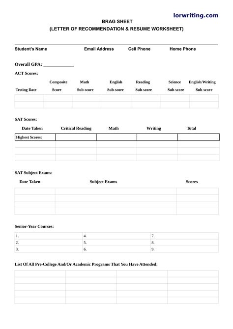 Student Brag Sheet Template