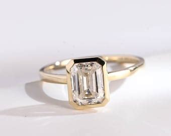 Buy Emerald Cut Moissanite Ring, Bezel Engagement Ring, Emerald Cut ...