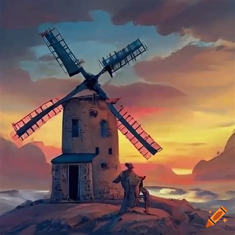Ilustration of don quixote attacking a windmill