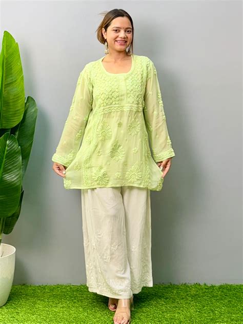 Pista Green Chikankari Short Kurta – Viscose Fabric with 3D Hand Embro ...