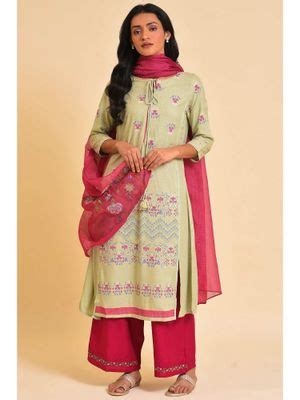 Buy W Green Embroidered Kurta, Parallel Pants & Dupatta (Set of 3) Online