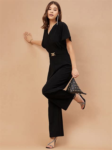 Gipsy Women Black Solid Polyester Flutter Sleeve V Neck Jumpsuit