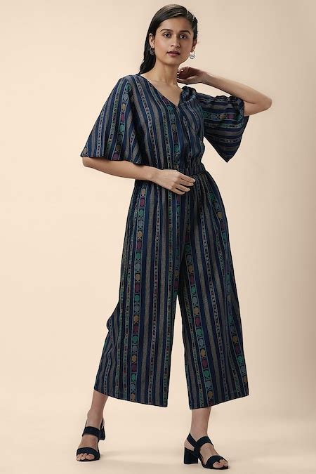 Navy Printed V-Neck Casual Ankle Length Half Sleeves Women Flared ...