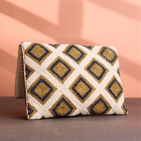 Luxury Geometric Beaded Clutch with Gold Chain Ivory, Gold & Black ...