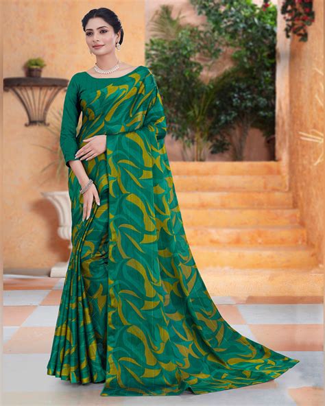 Vishal Prints Deep Sea Green Printed Fancy Chiffon Saree With Core Pip