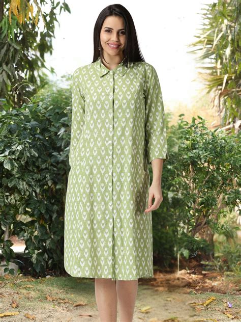 Pastel Green Ikat Print Cotton Shirt Dress – Saffron Threads