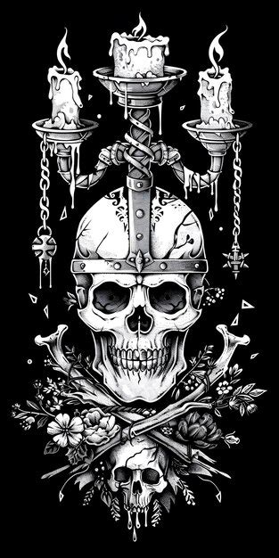 Tribal skull and viking helm tattoo chain and candles black and white ...