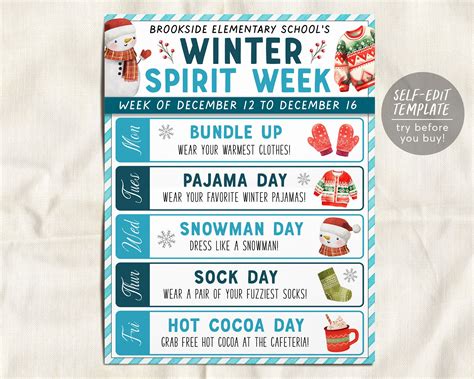 Winter Spirit Week Itinerary Schedule Editable Template - Etsy | Spirit ...