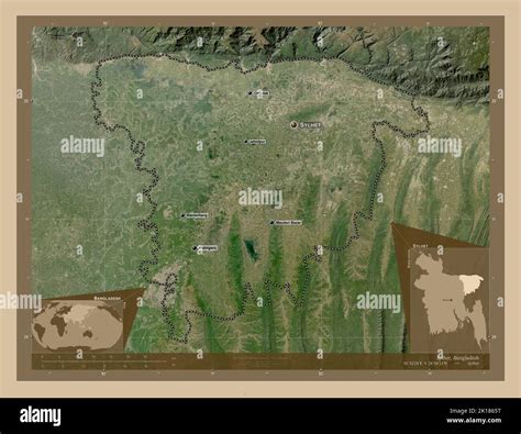 Sylhet, division of Bangladesh. Low resolution satellite map. Locations and names of major ...