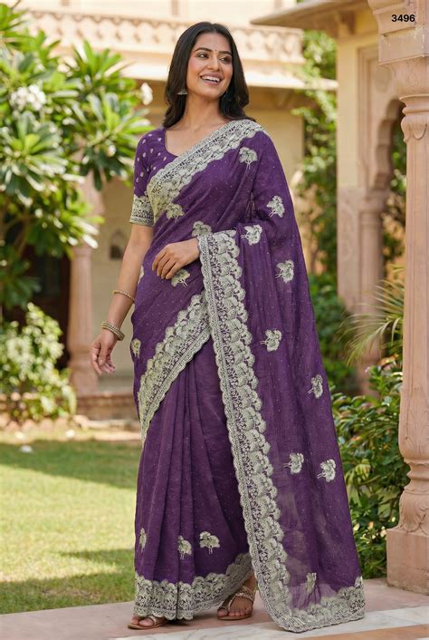 Royal Grape Purple Embroidered Crunchy Saree with Scalloped Borders ...