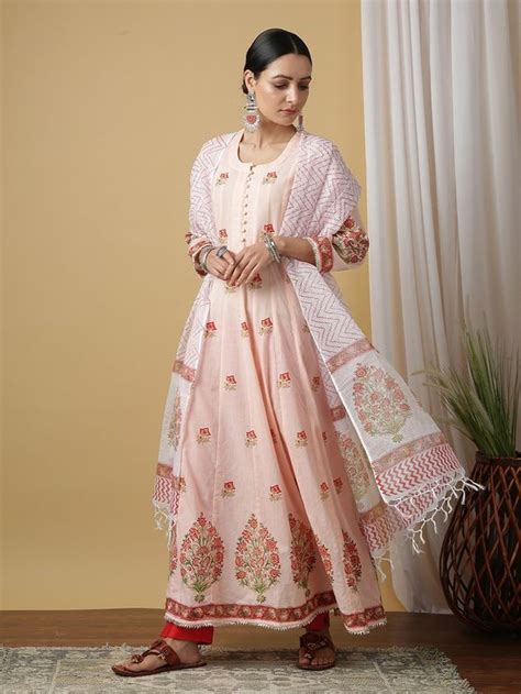 Buy White Blue Hand Block Printed Cotton Kurta with Kota Doria Dupatta ...