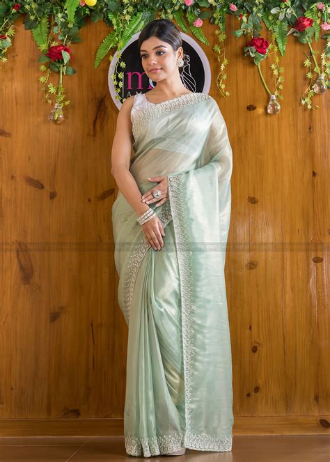 Mingle With Single Color Tissue Organza Saree(Powder Green) – Monamaar