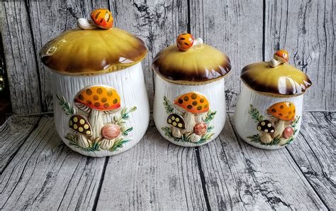 Vintage Merry Mushroom Ceramic Canister Set of 3 w/ lids, Whimsical ...