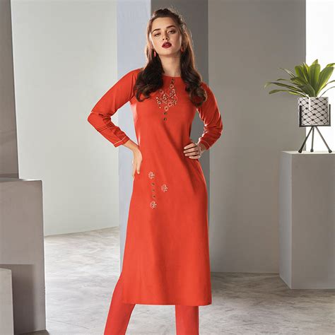 Rust Orange Casual Wear Embroidered Pure Viscose Kurti