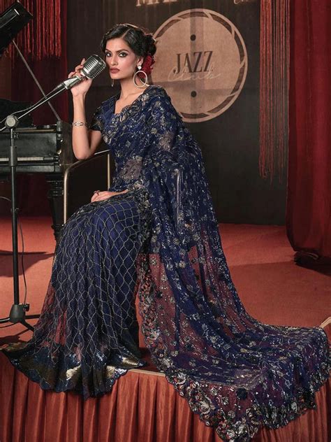 Wedding Wear Navy Blue Embroidered Net Saree With Sequence Moti ...