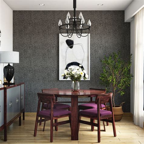 Modern Style Compact Low Maintenance Dining Room Design With Purple Ch ...