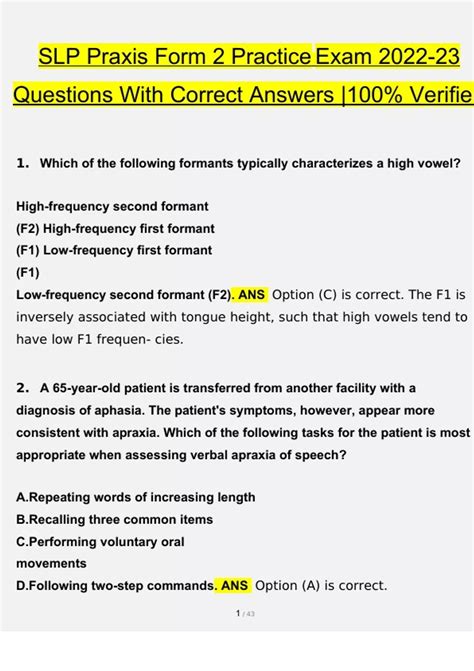 SLP Praxis Form 2 Practice Exam Questions With Correct Answers |100% ...