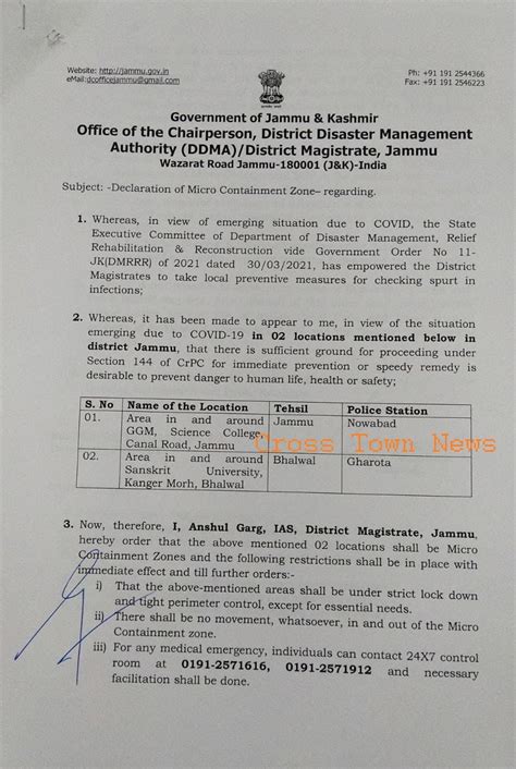 Covid 19: Two Areas in Jammu declared as micro Containment zones