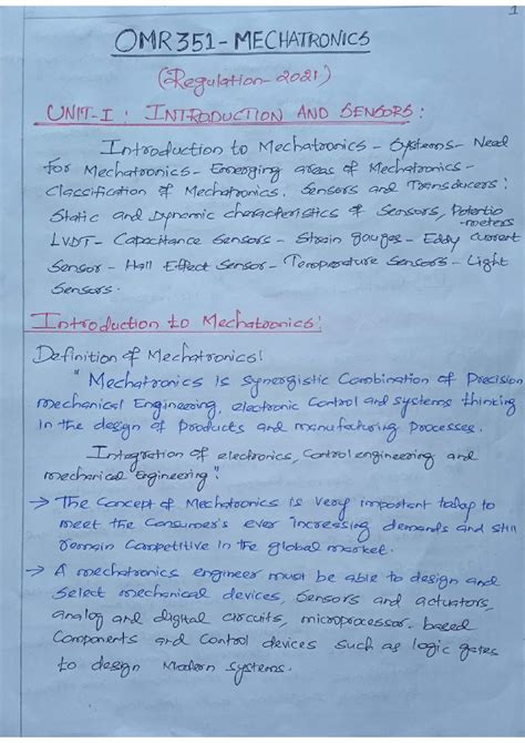 OMR351 Mechatronics - Unit 1: Introduction and Sensors Overview - Studocu