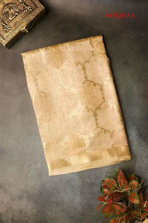 Champagne Gold Tissue Kora Banarasi Saree with Trellis Motifs | Buy ...