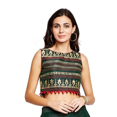 Buy Studiorasa Semi Dupion Block Printed Crop Top Green at Amazon.in