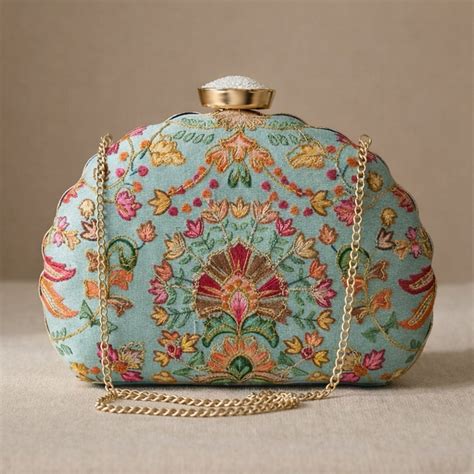 Artklim Sky Blue Floral Embroidered Clutch