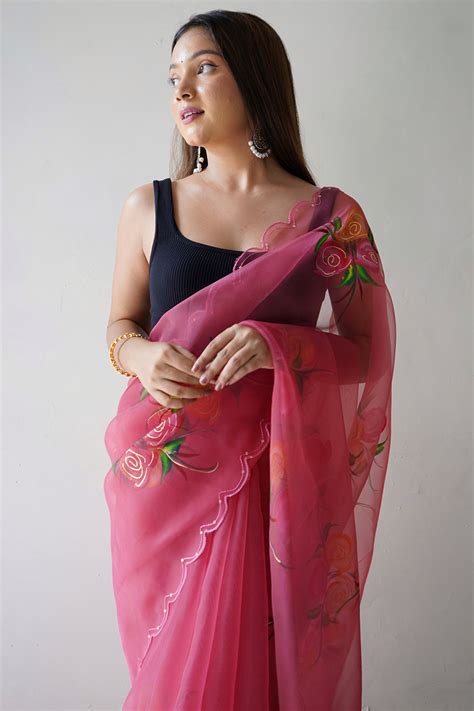 Buy Azalea Pink Organza Saree 74576 Online | Karagiri