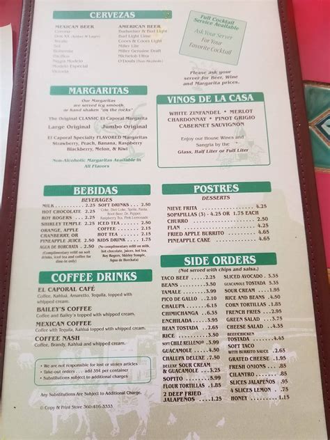 Menu at El Caporal Family Mexican Restaurant, Cañon City, Main St