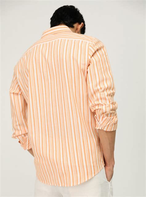 Mandarin Stripe Shirt Casual Orange Stripe Shirt for Men Online | Andamen