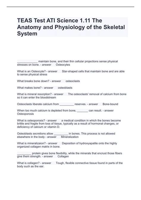 TEAS Test ATI Science 1.11 The Anatomy and Physiology of the Skeletal ...