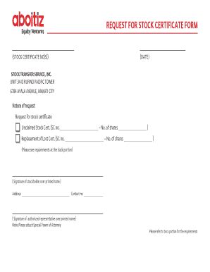Fillable Online REQUEST FOR STOCK CERTIFICATE FORM - Aboitiz Group Fax ...