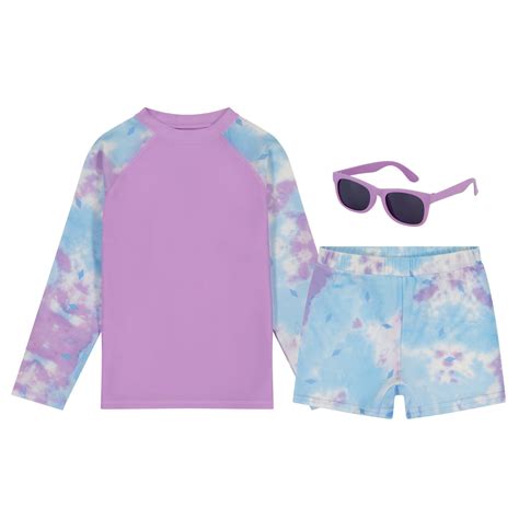 Walmart Girls Rash Guard Swim Set with Trunks, Sunglasses (Purple Tie ...