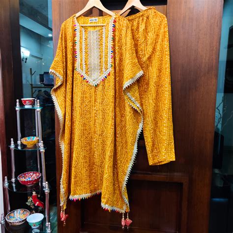 Buy Yellow Bandhej Flowable Cotton Kurta Kaftan Stitched Co-Ord Set ...