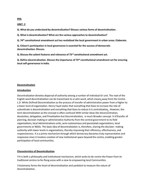 Decentralization notes, public policy and administration in India, Unit ...