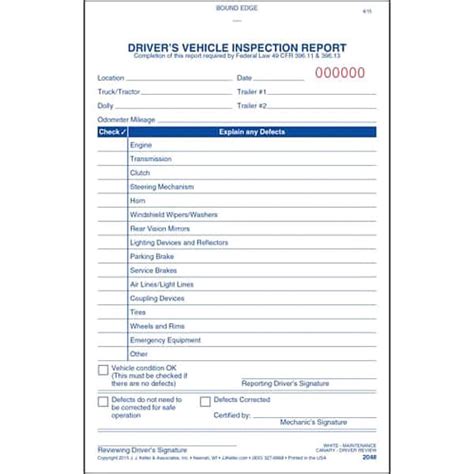 Jj Keller Vehicle Inspection Form, 2 Ply, Carbonless 2048 | Zoro