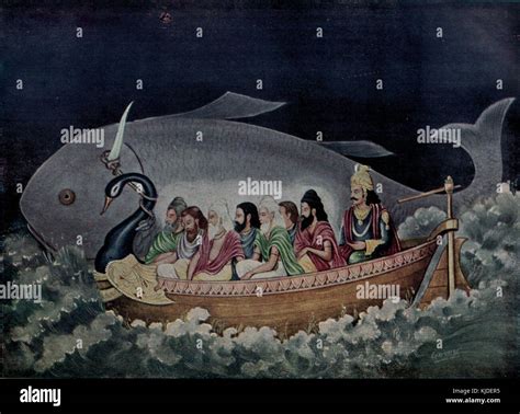 The fish avatara of Vishnu saves Manu during the great deluge Stock ...
