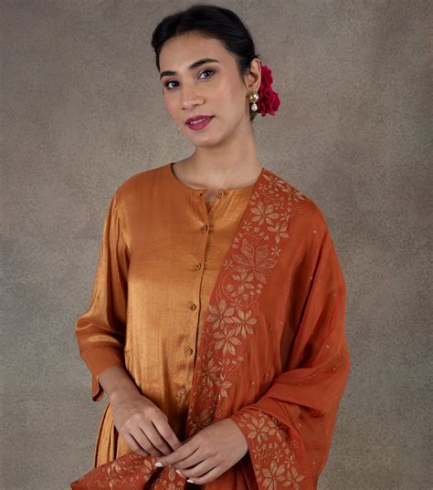 Orange zari embroidered Organza dupatta – Tulsi Online