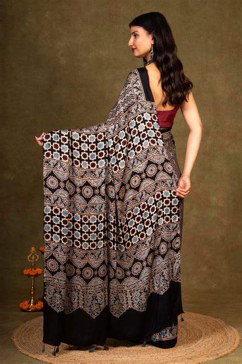 Black Chevron By Paisley Ajrakh Modal Silk Saree - House Of Elegance ...