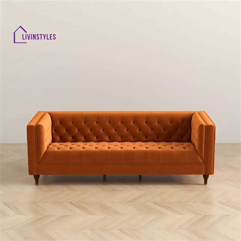 Jeevan Orange Three Seater Velvet Sofa for Living Room – LivIn Styles