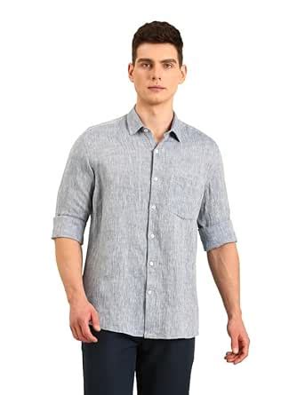 Linen Club Men's Pure Linen Blue Solid Contemporary Fit Full Sleeve ...