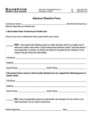 Fillable Online sunshinehealth.net public SHCCAdvanceDirectiveSHCC ...