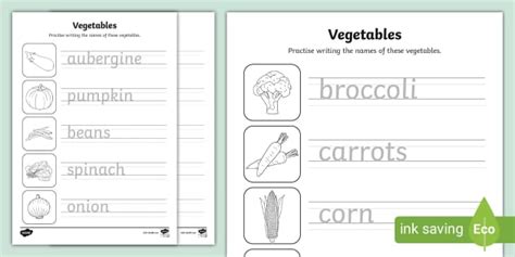 Vegetable Names Pencil Control Activity Sheets