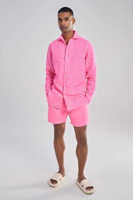 Buy Pink Linen Lunar Polka Pattern Woven Shirt For Men by Terra Luna ...