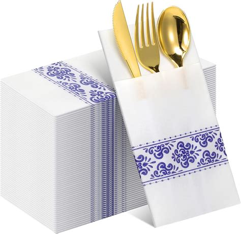 Amazon.com: Qilery 100 Pack White Pocket Napkins Blue Floral Disposable Airlaid Paper Napkins ...