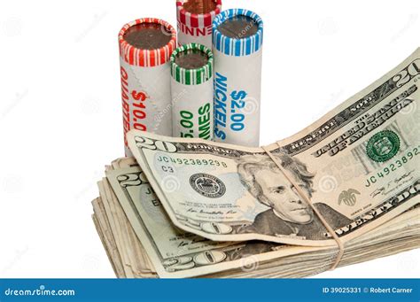 Stack of USA Currency and Rolls of Coins Stock Image - Image of roll ...