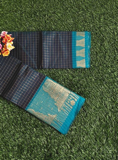 Chettinad Cotton Saree with Meenakshi Gopuram Border – Navy Blue & Tea ...