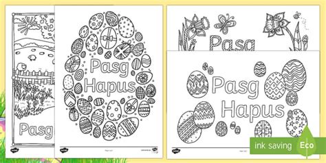 Happy Easter in Welsh Mindfulness Colouring Sheets - Twinkl