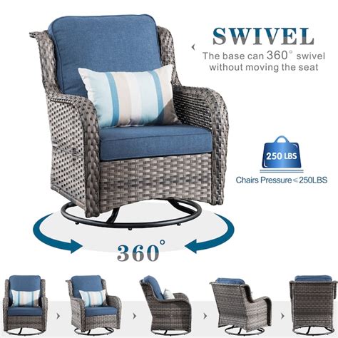 Ovios 2 Rattan Gray Wicker with Denim Blue Cushions Iron Frame Swivel ...