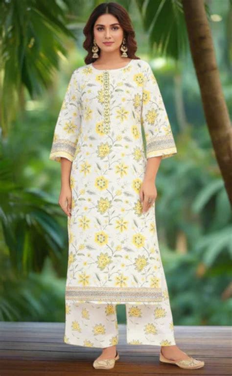 White/Yellow Garden Jaipur Cotton Kurti With Pant And Dupatta Set. Pur ...